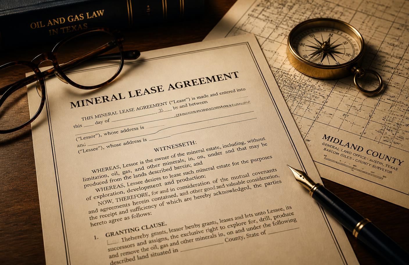 Mineral lease agreement on a desk beside a county plat map and compass