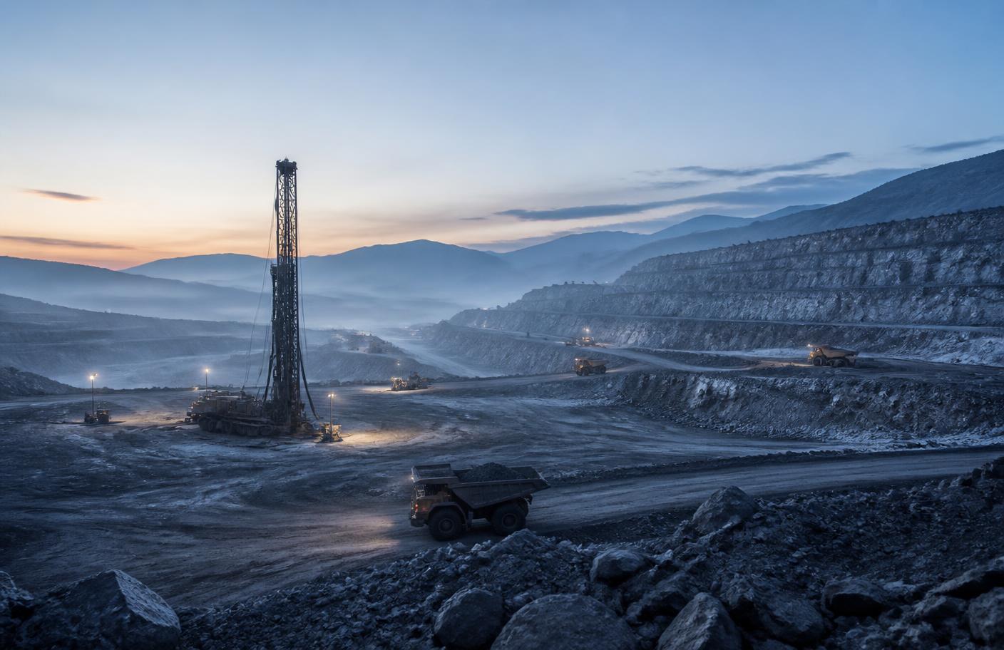 Mineral extraction site with drilling rig and quarry benches at dawn